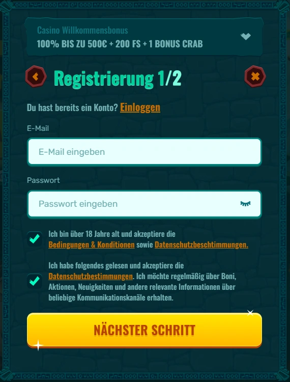 Spinanga Casino Registrierung zweiter Schritt
